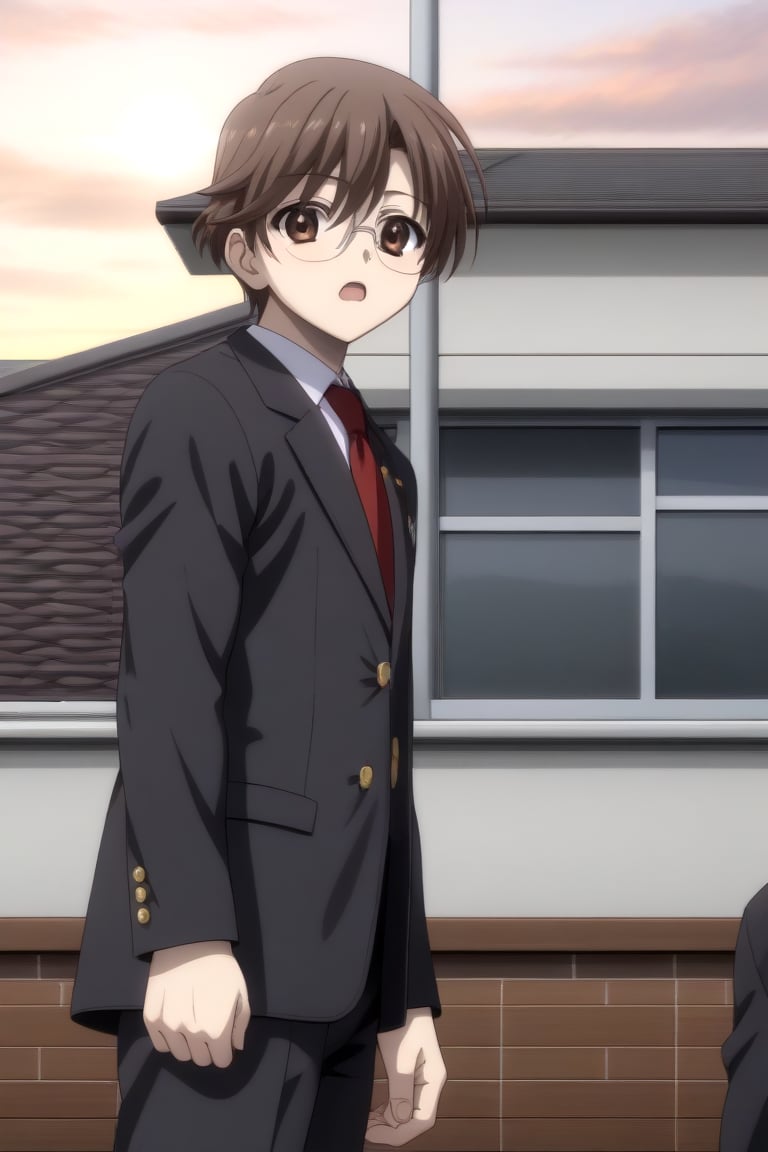 HD, 8k, highres, mantialiasing, Highly detailed, High Quality, masterpiece, beautiful, source_anime, 
BREAK 1boy, solo, male focus, 16 years old, yuuki ashikaga, brown hair, brown eyes, short hair, glasses, Open mouth, (confused look),question_sign,
BREAK Windows, outside, sunset sky,
BREAK school uniform, shirt, pants, black jacket, red tie
BREAK looking_at_viewer, side view, (boy standing in front of window),