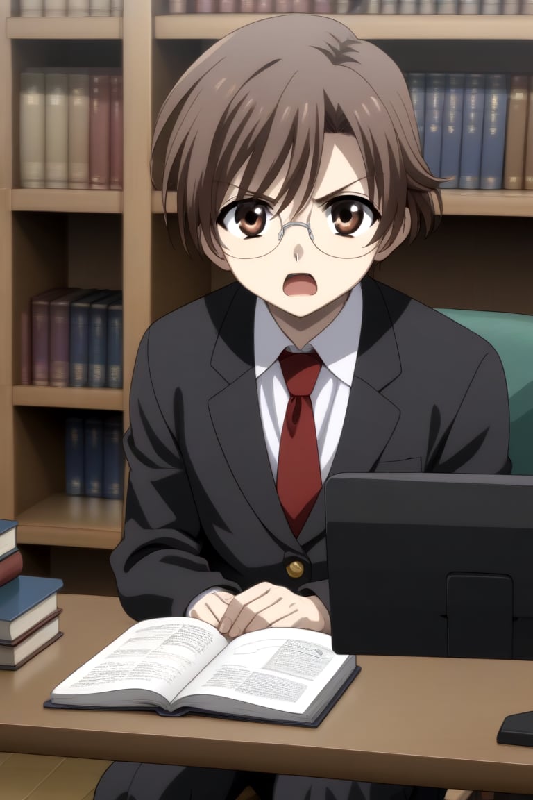 HD, 8k, highres, mantialiasing, Highly detailed, High Quality, masterpiece, beautiful, source_anime, 
BREAK 1boy, solo, male focus, 16 years old, yuuki ashikaga, brown hair, brown eyes, short hair, glasses, Open mouth, (angry look),
BREAK inside a library, books, bookshelves, computer screen,
BREAK school uniform, shirt, pants, black jacket, red tie
BREAK looking_at_viewer, front view, sitting at the chair, boy sitting on a chair in front of a computer, hands hitting the table