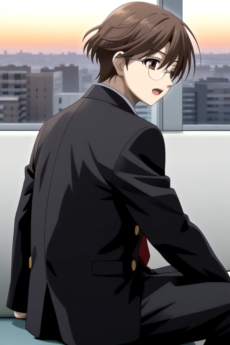 HD, 8k, highres, mantialiasing, Highly detailed, High Quality, masterpiece, beautiful, 
BREAK 1boy, solo, male focus, yuuki ashikaga, brown hair, Brown eyes, ((short hair)), Open mouth, 
BREAK school uniform, shirt, pants, black jacket, red tie, black pants, long pants, glasses,
BREAK interior of a subway, sunset, glass, 
BREAK solo focus, back view, focus face, sitting, look nervious, from SIDE, side head