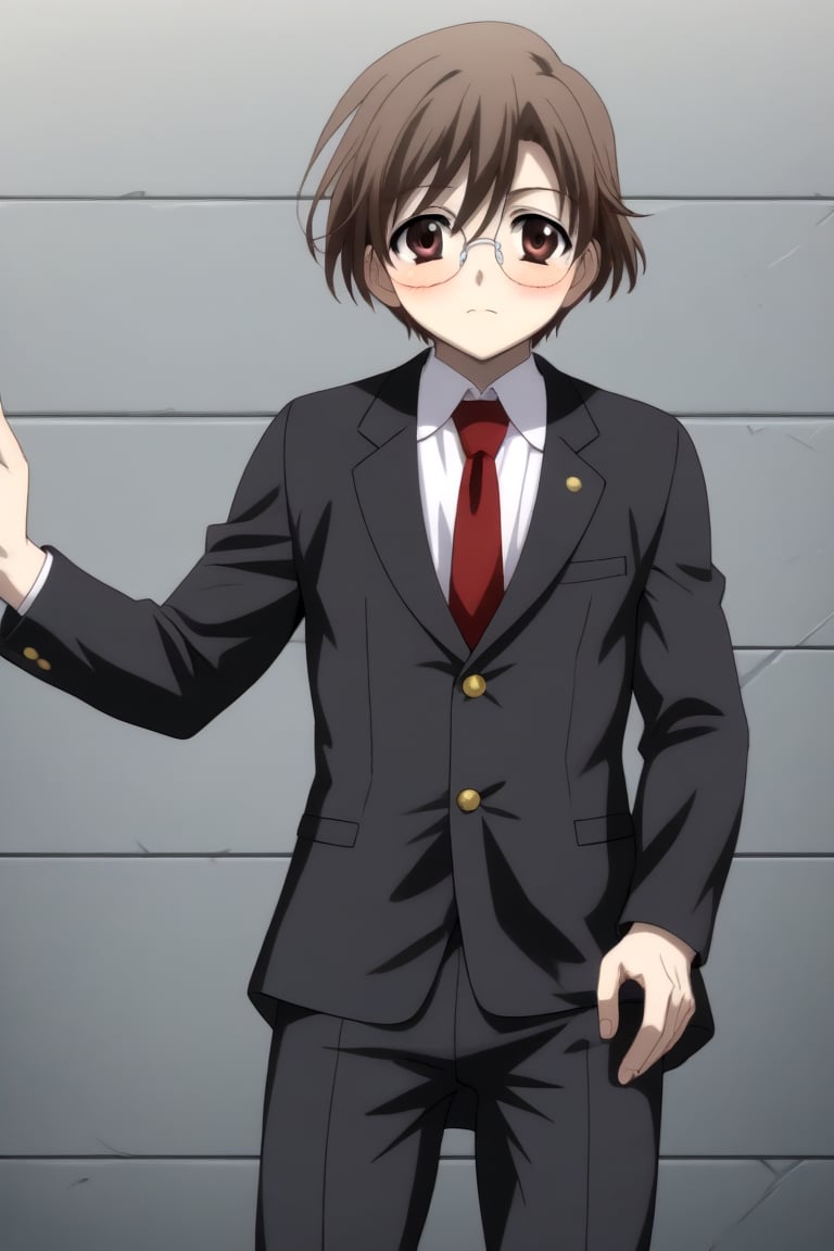 HD, 8k, highres, mantialiasing, Highly detailed, High Quality, masterpiece, beautiful, source_anime, 
BREAK 1boy, solo, male focus, 16 years old, yuuki ashikaga, brown hair, brown eyes, short hair, glasses, 
BREAK mosaic floor, 
BREAK school uniform, shirt, pants, black jacket, red tie
BREAK ((lying on the floor)), blush, ((suprised look)), :0, Focus waist,