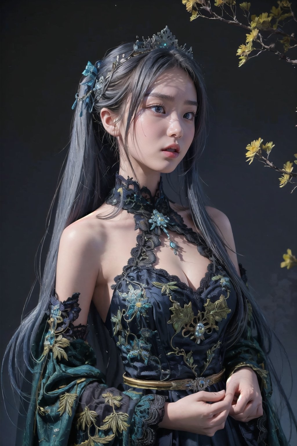 super fine illustration,masterpiece, best quality,{beautiful detailed eyes},1girl,finely detail,Depth of field, 4k wallpaper,bluesky,cumulus,wind,insanely detailed frills,extremely detailed lace,BLUE SKY,very long hair,Slightly open mouth,high ponytail,silver hair,small Breasts,cumulonimbus capillatus,slender waist,There are many scattered luminous petals,Hidden in the light yellow flowers,Depth of field,She bowed her head in frustration,Many flying drops of water,Upper body exposed,Many scattered leaves,branch ,angle ,contour deepening,cinematic angle ,{{{Classic decorative border}}}