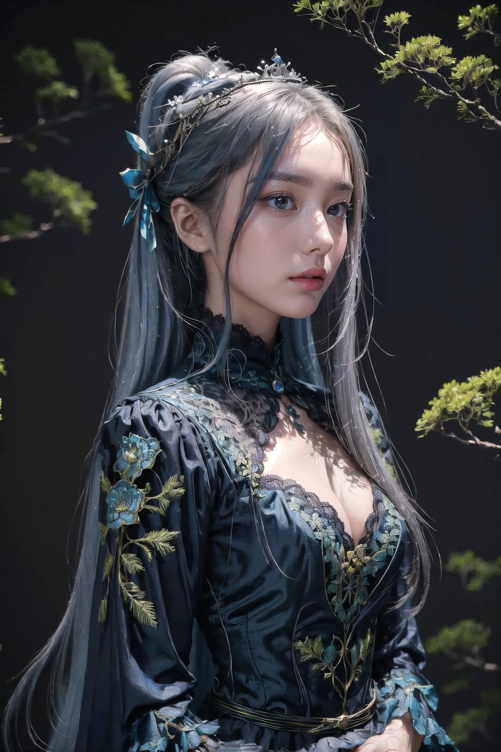 super fine illustration,masterpiece, best quality,{beautiful detailed eyes},1girl,finely detail,Depth of field, 4k wallpaper,bluesky,cumulus,wind,insanely detailed frills,extremely detailed lace,BLUE SKY,very long hair,Slightly open mouth,high ponytail,silver hair,small Breasts,cumulonimbus capillatus,slender waist,There are many scattered luminous petals,Hidden in the light yellow flowers,Depth of field,She bowed her head in frustration,Many flying drops of water,Upper body exposed,Many scattered leaves,branch ,angle ,contour deepening,cinematic angle ,{{{Classic decorative border}}}