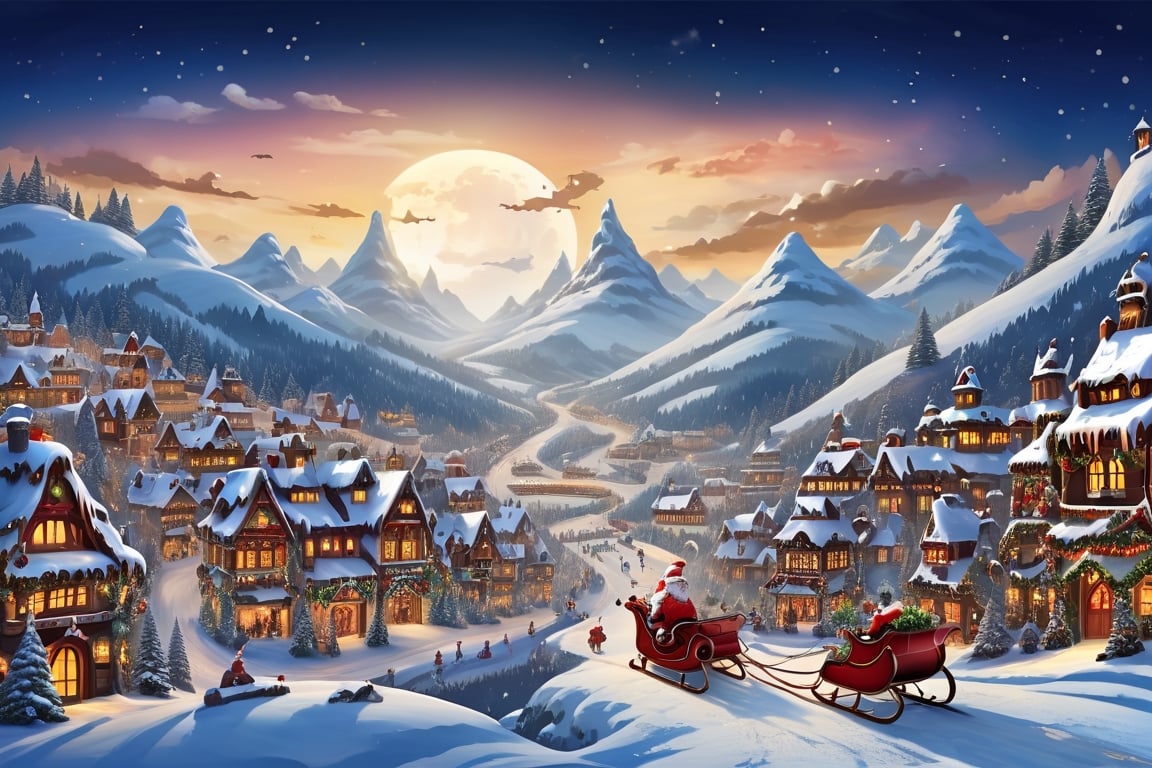 Christmas sleigh, Santa' sleigh, Christmas town in the mountain background.