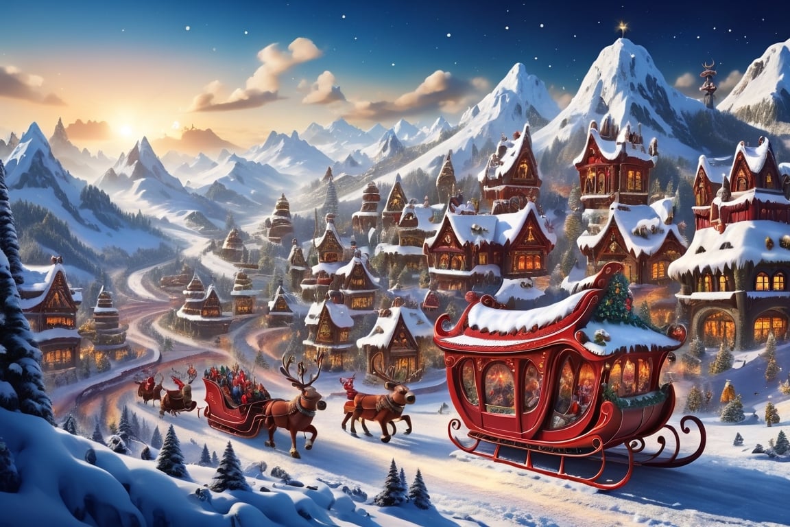 Christmas sleigh, Santa' sleigh, Christmas town in the mountain background.