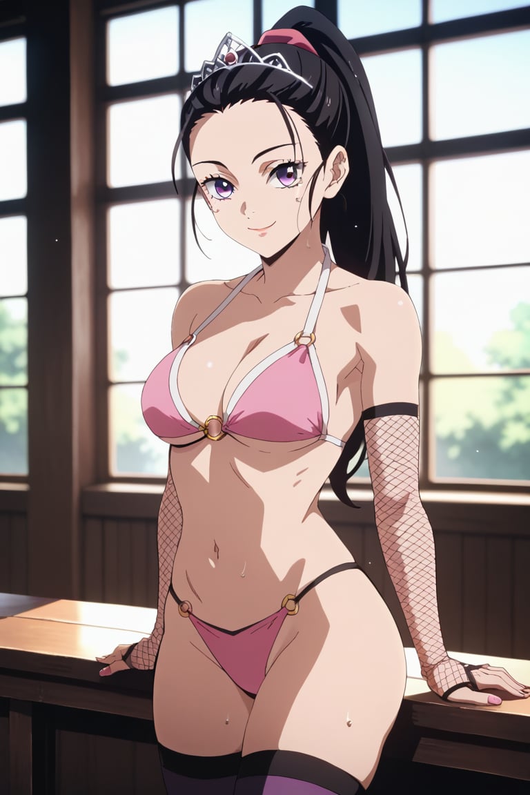 hinatsuruTengen, score_9, score_8_up, 1girl, purple eyes, black hair , long hair, ponytail, closed mouth, smile,  thighhighs, tiara, fishnet gloves, pink bikini, o_ring bikini, 