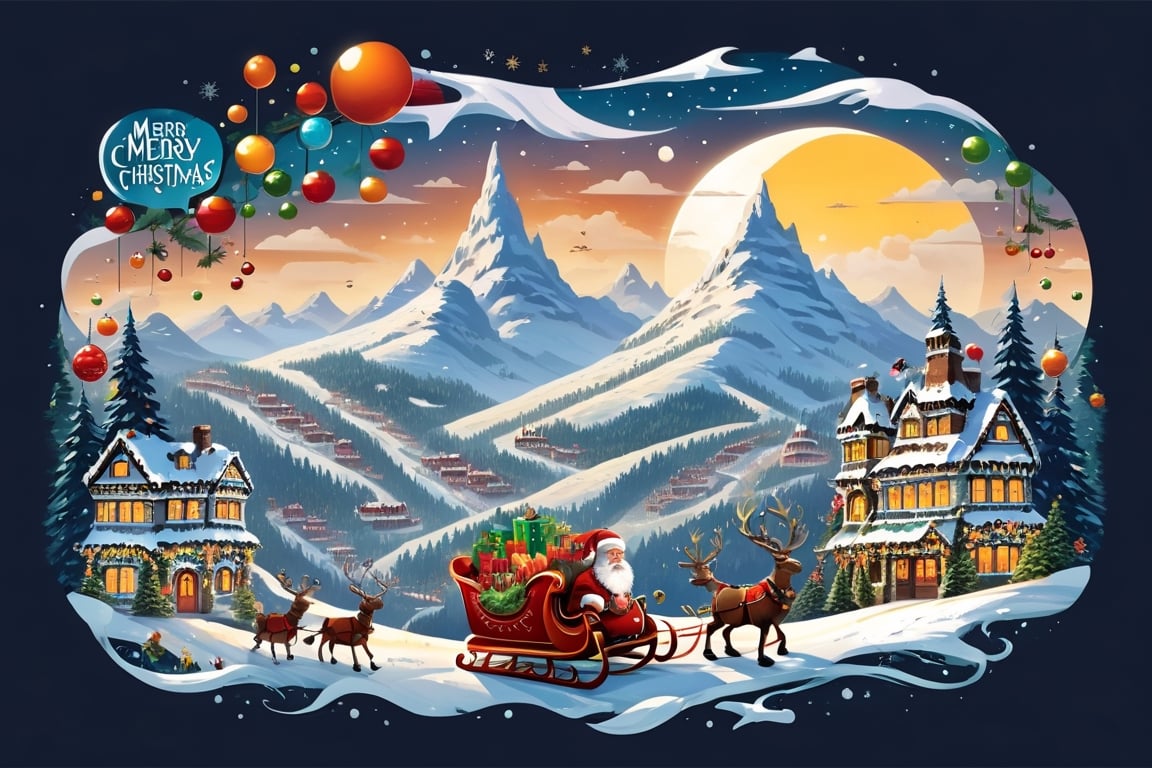 Christmas sleigh, Santa' sleigh, (((speech bubble forms the word: "Merry Christmas"))), Christmas town in the mountain background.