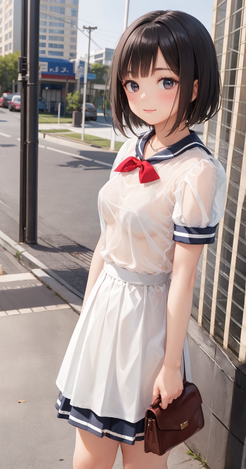 A young girl with short brown hair and bangs, wearing a white collared shirt with short sleeves and a pleated blue skirt, stands solo outdoors on a sunny day. Her large breasts are visible under her shirt, as she gazes directly at the viewer with a warm smile and closed mouth. A small mole under her eye catches attention, while her brown eyes sparkle with innocence. She wears a black bow tie around her neck and carries a bag by her side. The building or road in the background creates a sense of depth, while her v-shaped arms add to her youthful charm. Her bob-cut hair adds a touch of modernity to her classic school uniform look, as she radiates a subtle blush from within.