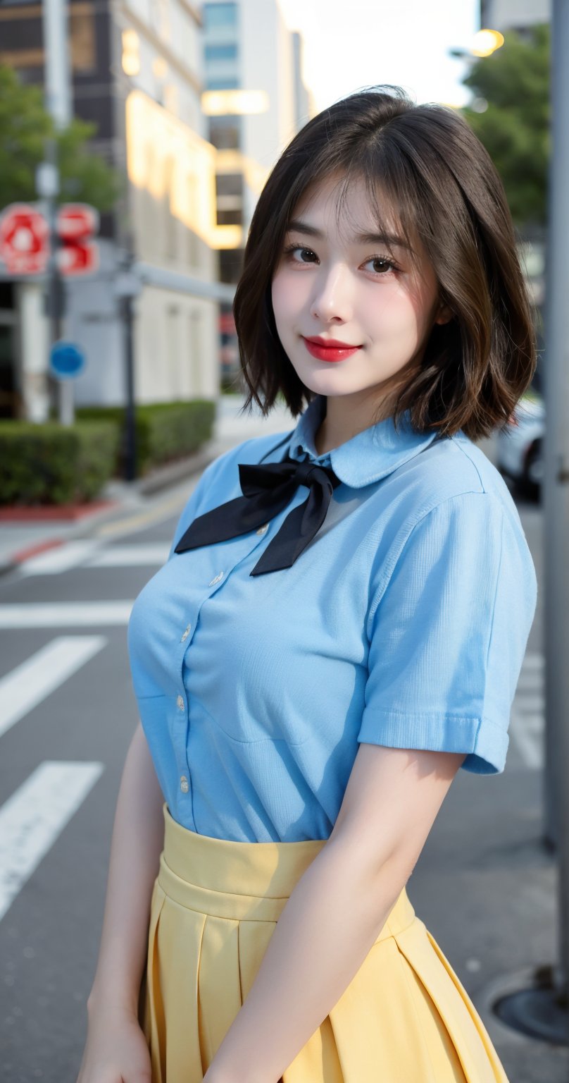 1girl, solo, breasts, looking at viewer, smile, short hair, bangs, skirt, large breasts, brown hair, shirt, bow, brown eyes, closed mouth, school uniform, white shirt, short sleeves, pleated skirt, outdoors, solo focus, day, collared shirt, bowtie, bag, mole, lips, blue skirt, mole under eye, black bow, bob cut, building, v arms, black bowtie, realistic, road, street,upper body, portrait, blush, outside 