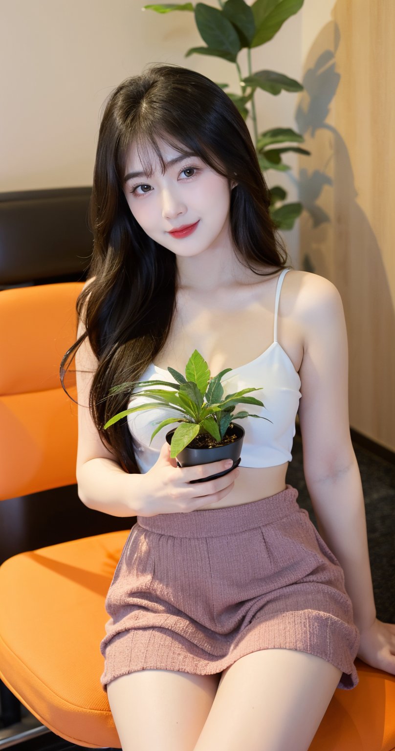 1girl, solo, long hair, looking at viewer, smile, bangs, skirt, black hair, hair ornament, sitting, closed mouth, indoors, plant, pink skirt