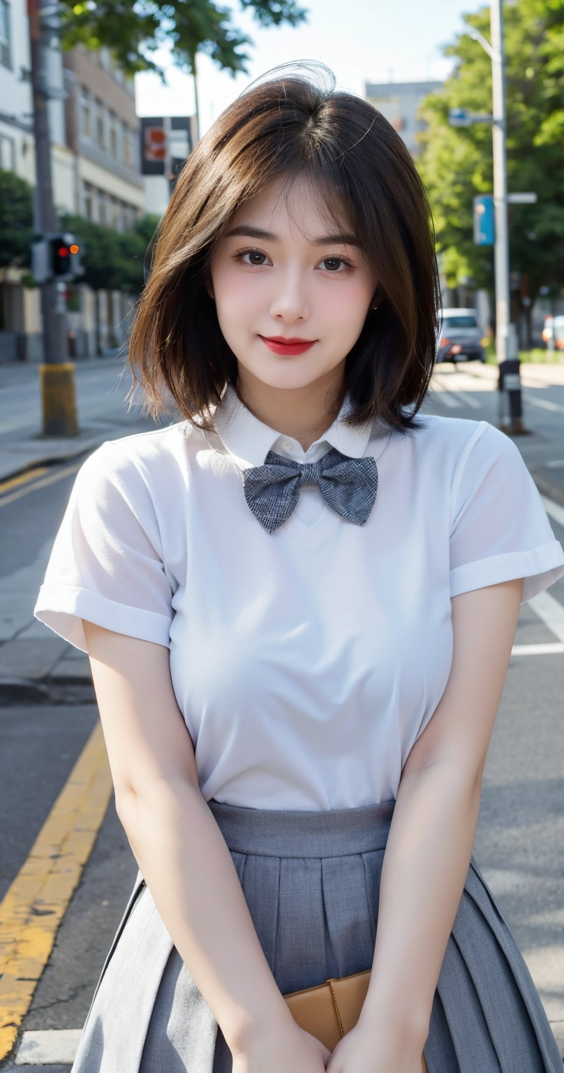 1girl, solo, breasts, looking at viewer, smile, short hair, bangs, skirt, large breasts, brown hair, shirt, bow, brown eyes, closed mouth, school uniform, white shirt, short sleeves, pleated skirt, outdoors, solo focus, day, collared shirt, bowtie, bag, mole, lips, blue skirt, mole under eye, black bow, bob cut, building, v arms, black bowtie, realistic, road, street,upper body, portrait, blush, outside 