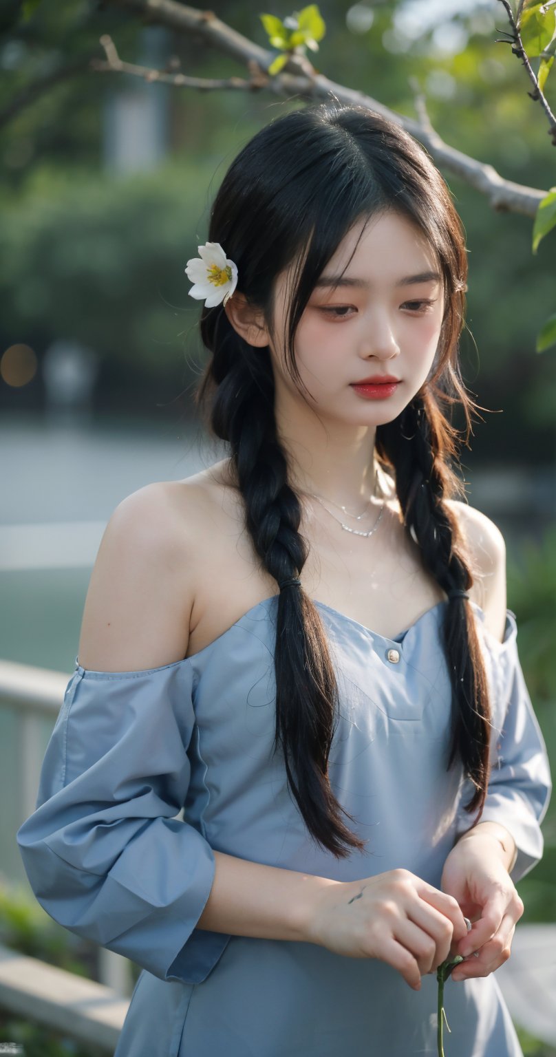 A serene young woman with long, raven-black hair cascading down her bare shoulders, adorned with a delicate hair ornament, gazes closed-eyed into the distance. Her upper body is framed by lush greenery, a braid woven through her locks, as a blue flower and water droplets glisten on her wet tresses. A single leaf dangles from her parted lips, while a small plant sprouts beside her, as if nurtured by the gentle ripples of water.