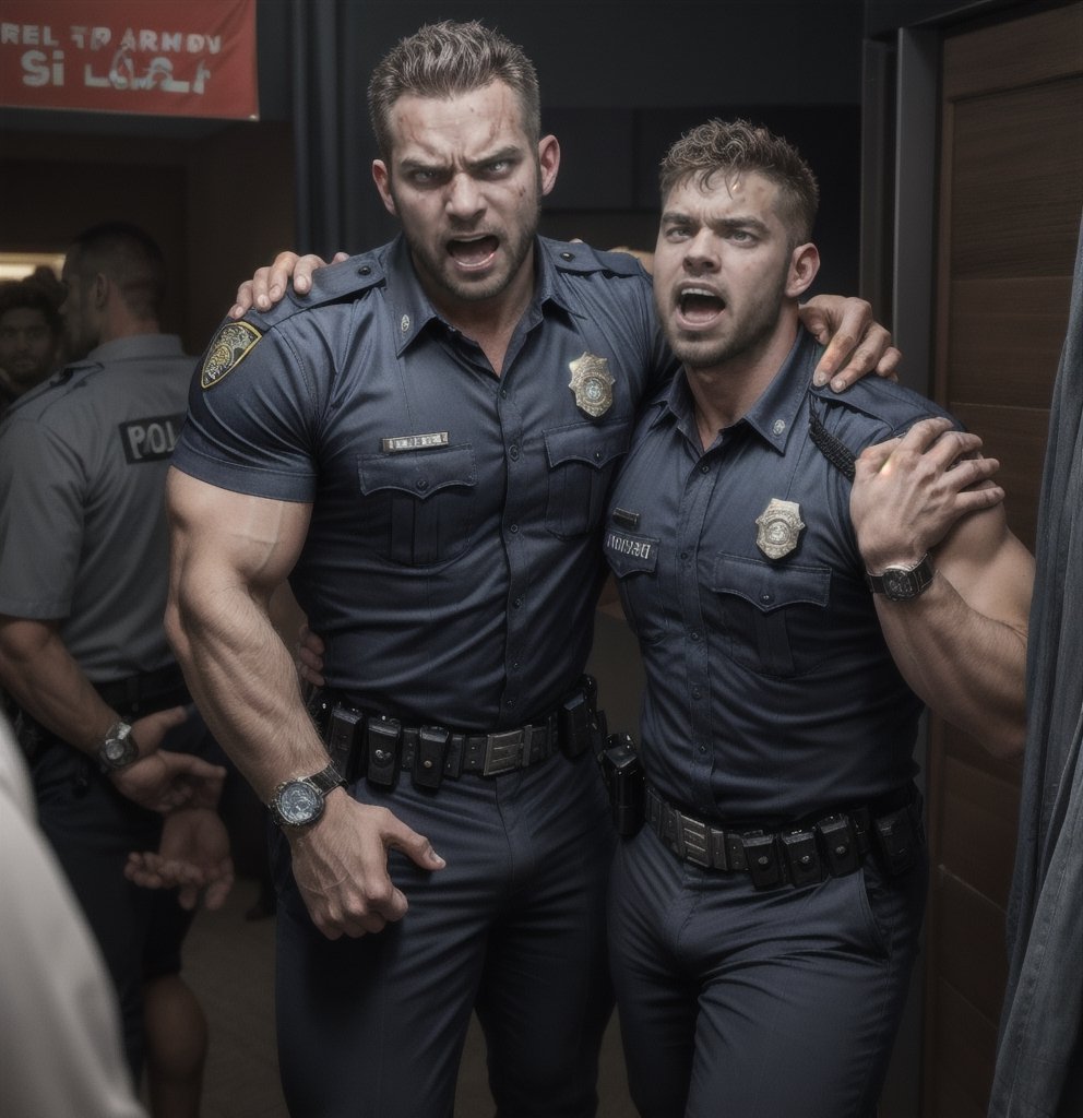 in the chaos guard room police station, two full bloody body of burly muscular zombie young LAPD policemen, in black LAPD short sleeved uniform, and wearing a watch, with white eyes, doing french kiss, then scream loudly raged and angry, unsteady running, potrait, 