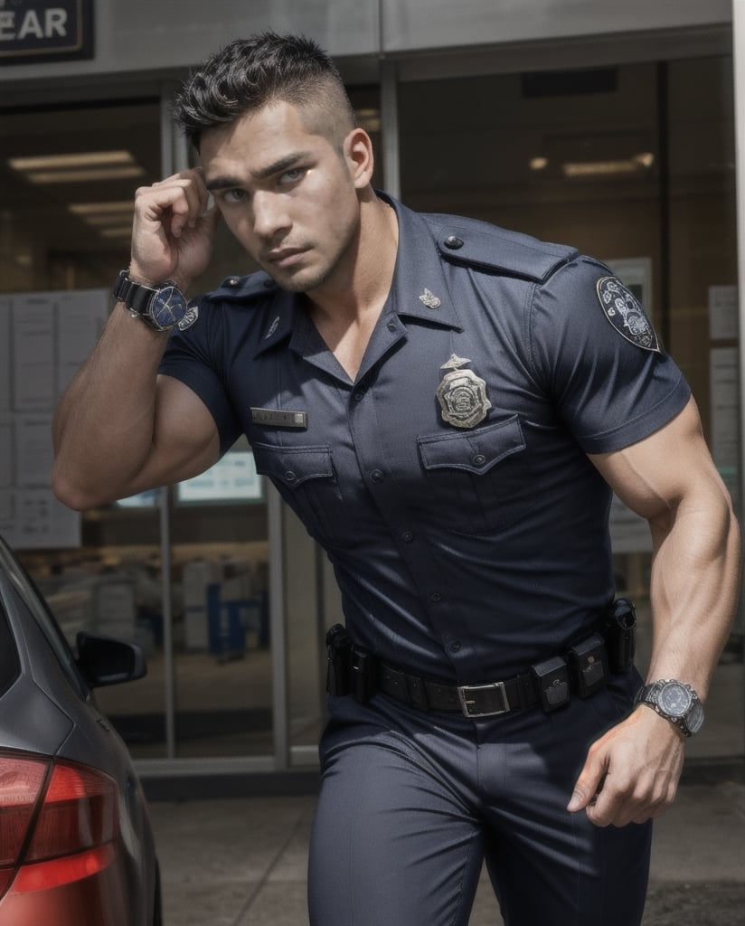 in the chaos  police station, a white eyes sexy burly muscular mutant young Indonesian LAPD policeman, in black LAPD short sleeved uniform, and wearing a watch on left hand, , running unsteady