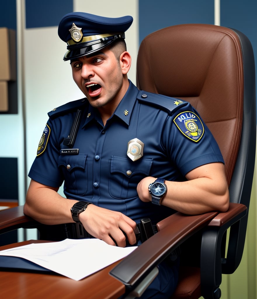 professional photo, on the messy working chair, the burly arabian 35's years old officers LAPD policemen with short hair, wearing navy blue short sleeve uniform and a watch passed out caused by sudden cardiac arrest, with white eyes, the head facing up, and foaming mouth.
handsome male,Portrait,
