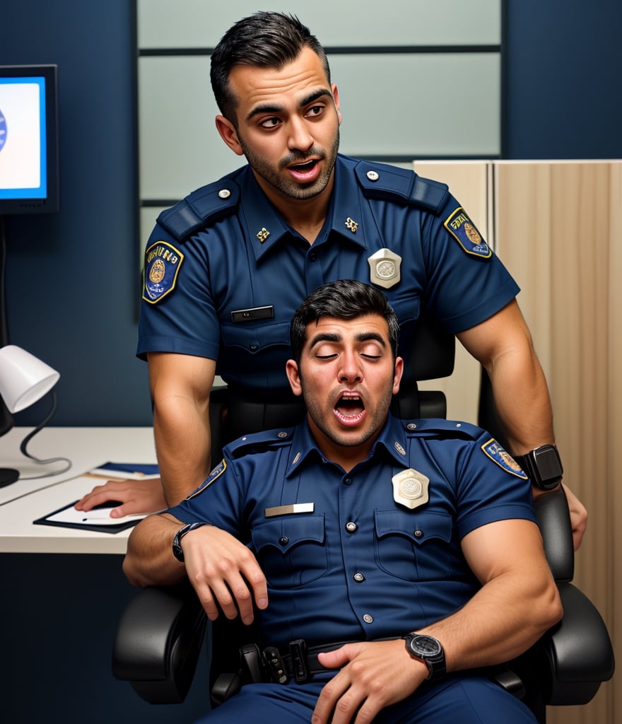 professional photo, on the messy working chair, the burly arabian 35's years old officers LAPD policemen with short hair, wearing navy blue short sleeve uniform and a watch passed out caused by sudden cardiac arrest, with white eyes, the head facing up, and foaming mouth.
handsome male,Portrait,
