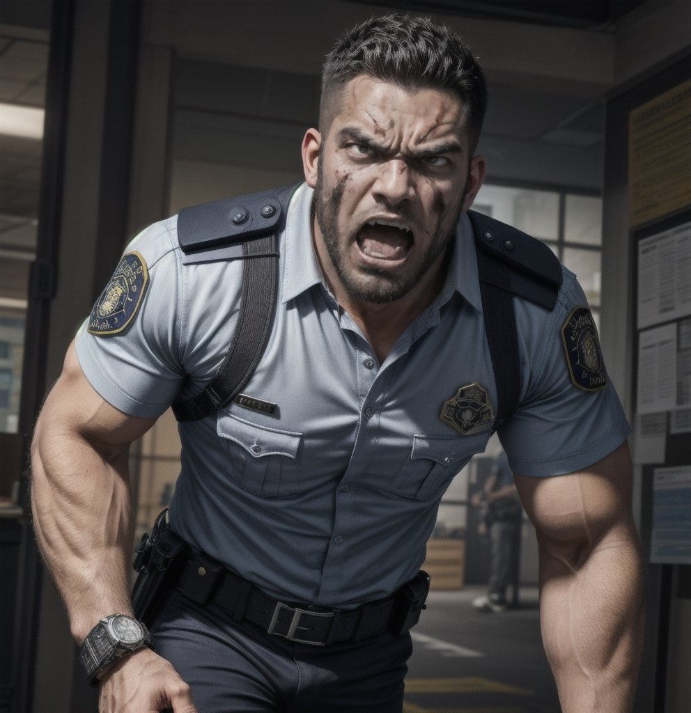 in the chaos  police station, a full bloody body of burly muscular zombie mutant young indonesian LAPD policeman, in black LAPD short sleeved uniform, and wearing a watch, with white eyes, then scream loudly raged and angry, unsteady running, potrait, 