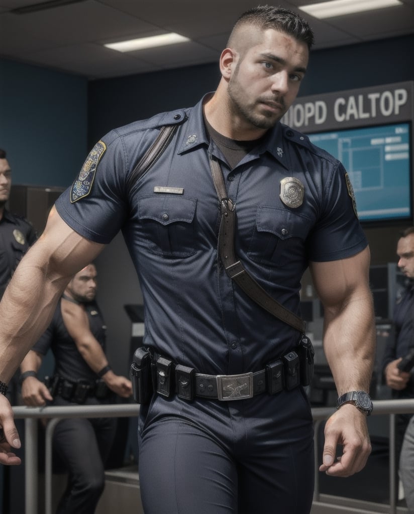 in the chaos  police station, a white eyes dead body of burly muscular mutant young Hispanic LAPD policeman, in black LAPD short sleeved uniform, and wearing a watch on left hand, , running unsteady