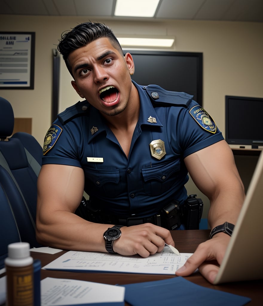 An abandoned police station, a muscular zombified LAPD male officer young Ronaldo
A low angle professional photo of messy duty room. There are many burly handsome Indonesian LAPD Policemen in navy summer uniform and a watch transform be a zombiie with Whiten eyes, raged, screaming out with a sliime foam from his mouth. Caused by sudden cardiac arrest. They're so weak on their working desk with head leaning on the back seat
handsome male,Portrait,
