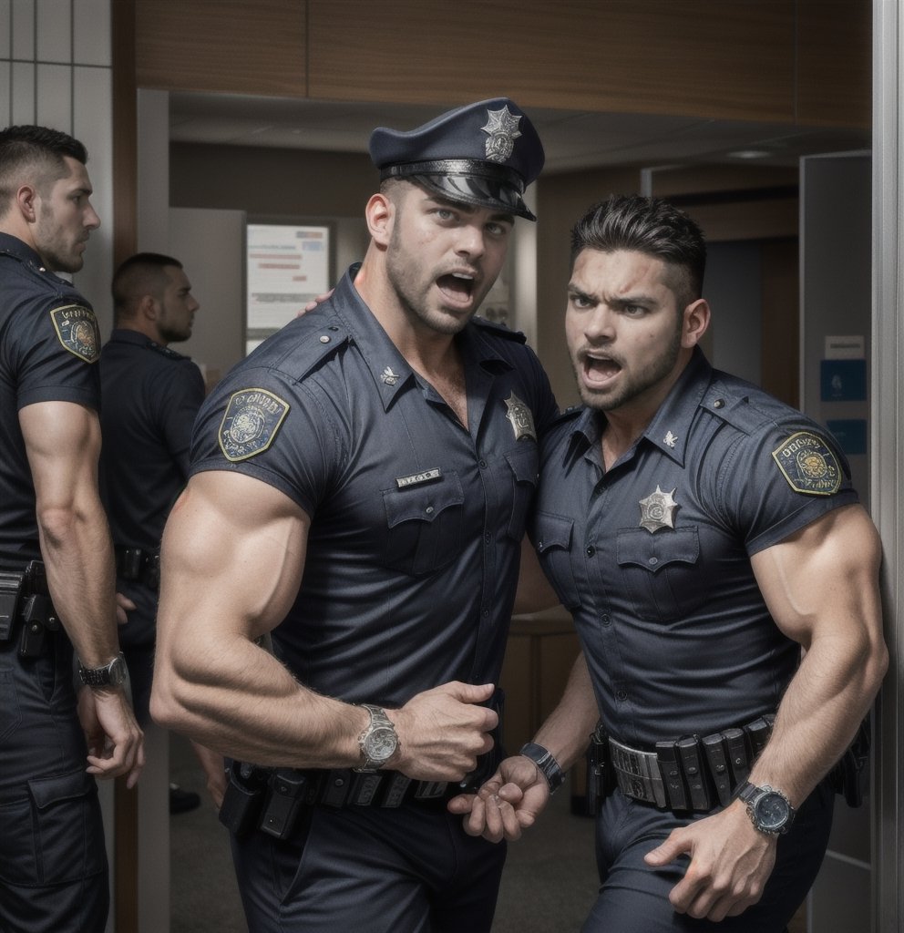 in the chaos  police station, two body of burly muscular mutant young Hispanic LAPD policeman, in black LAPD short sleeved uniform, and wearing a watch, with white eyes, gropping each others then scream loudly raged and angry, unsteady running, potrait, 