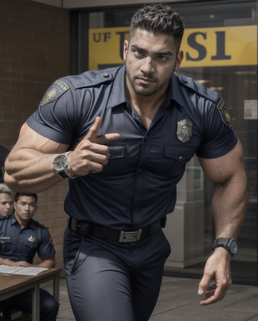 in the chaos  police station, a dead body of burly muscular mutant young Hispanic LAPD policeman, in black LAPD short sleeved uniform, and wearing a watch on left hand, with white eyes, running unsteady