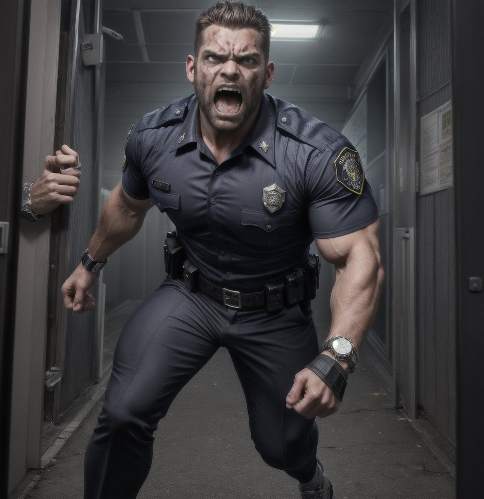 in the chaos  police station, a full bloody body of burly muscular zombie mutant young Caucasian LAPD policeman, in black LAPD short sleeved uniform, and wearing a watch, with white eyes, then scream loudly raged and angry, unsteady running, potrait, 