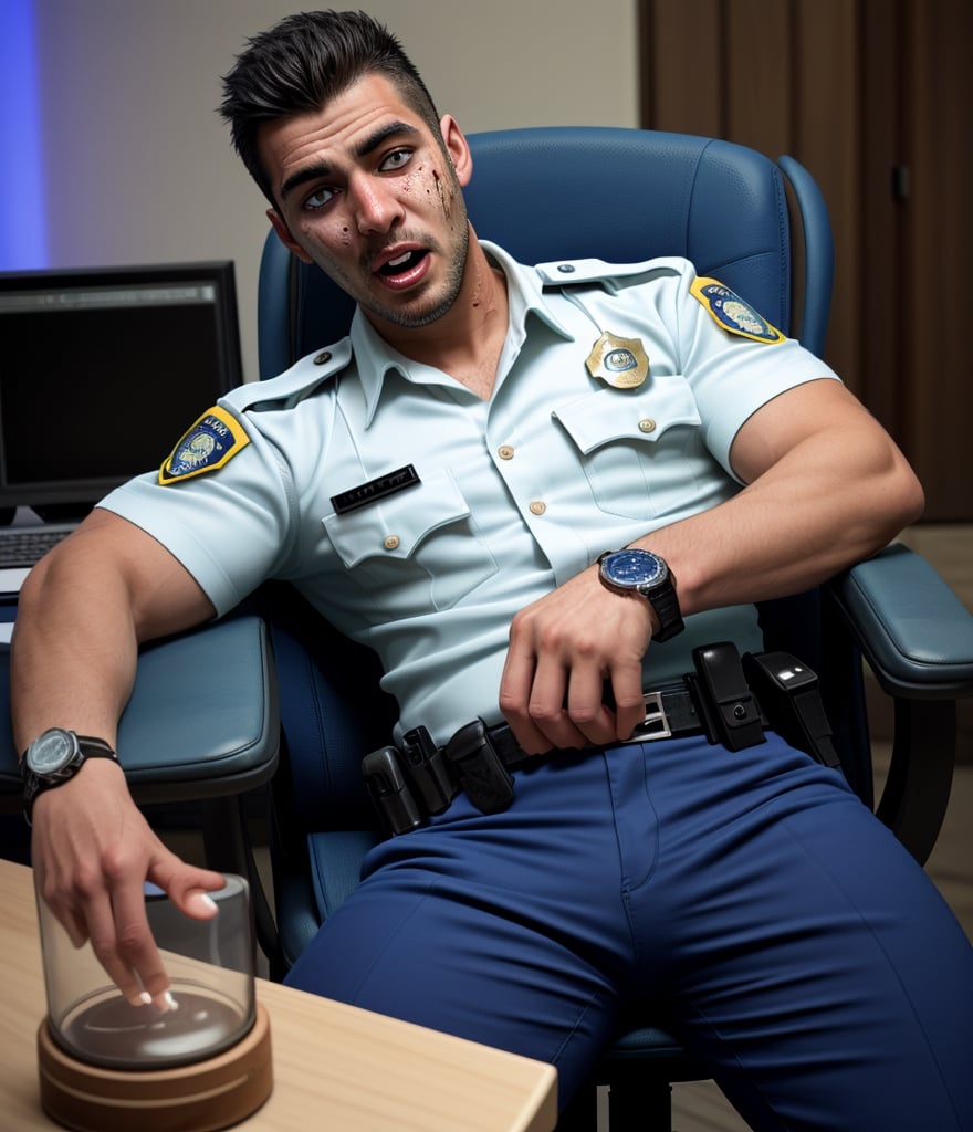 professional photo, on the messy working chair, the burly arabian, a burly muscular young gay man LAPD zombies policemen in ultra dark blue short sleeved uniform, ultra dark blue trousers, and wearing a watch has been stiff. flesh fall off his body, sprawled out on, opened eyes to death passed out a month, pale, bloody, decomposed body fluid leaking from his body, rotten, swollen, bleeding wounded, bleeding foam and vomit  his opened mouth, his body leaning on the meeting table with tilted head to left in their ultra Dark blue LAPD short sleeved summer uniform, adorned with a watch, pale bleeding wound, with cracked head, and their once white eyes, in his ultra Dark blue LAPD short sleeved uniform, adorned with a watch, close-up portrait
handsome male,Portrait,
