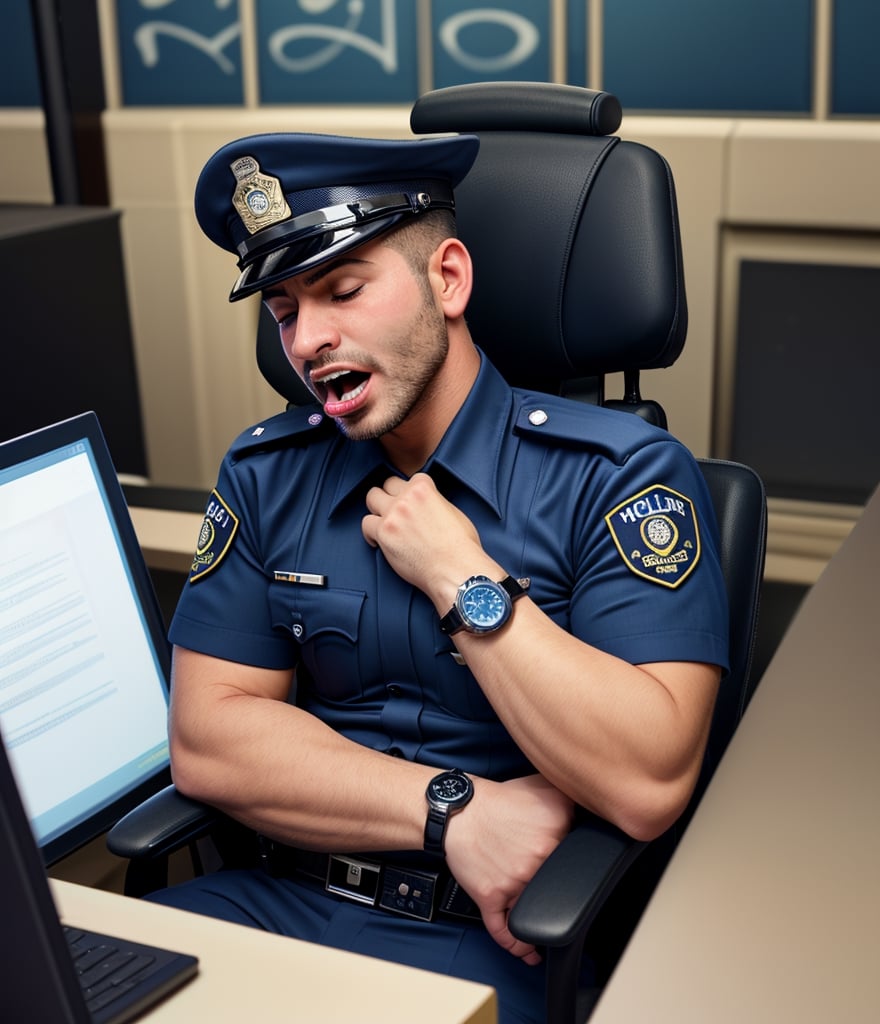 professional photo, on the messy working chair, the burly arabian 35's years old officers LAPD policemen with short hair, wearing navy blue short sleeve uniform and a watch passed out caused by sudden cardiac arrest, with white eyes, the head facing up, and foaming mouth.
handsome male,Portrait,
