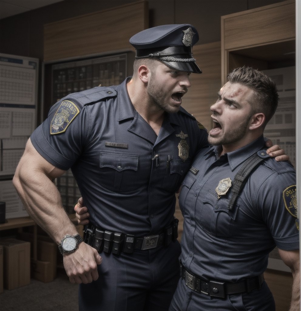 in the chaos guard room police station, two full bloody body of burly muscular zombie young LAPD policemen, in black LAPD short sleeved uniform, and wearing a watch, with white eyes, doing french kiss, then scream loudly raged and angry, unsteady running, potrait, 