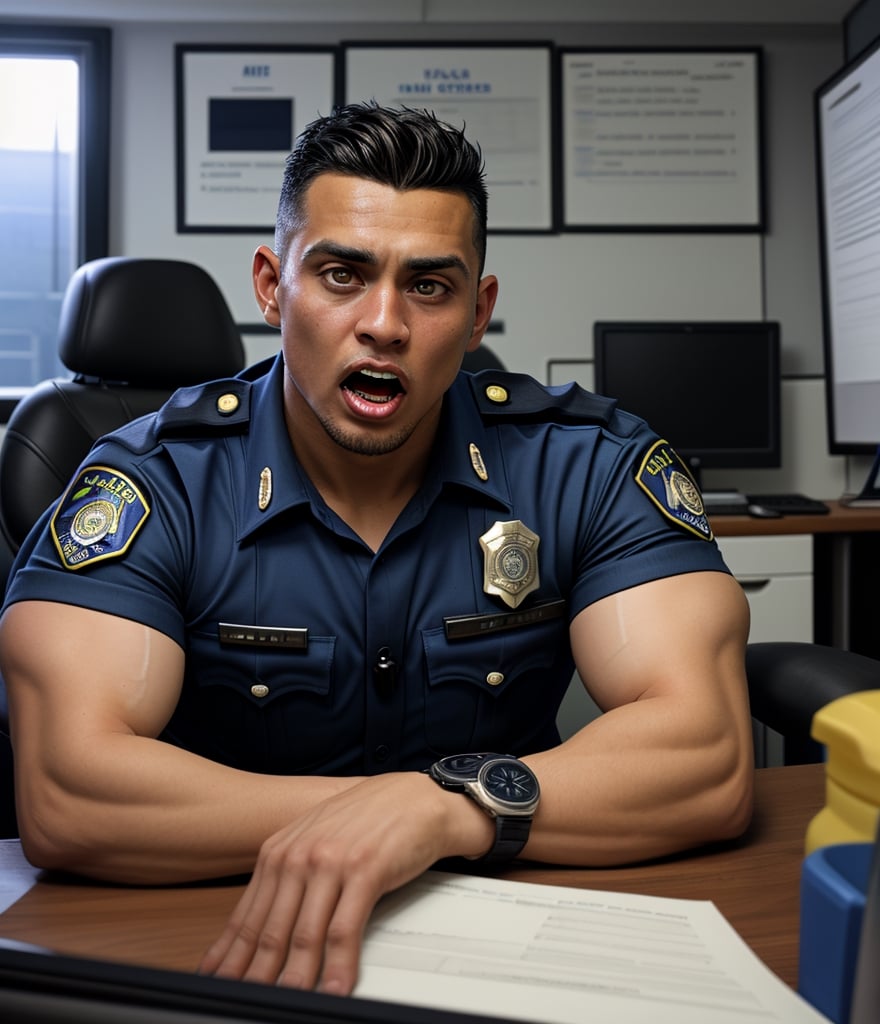 An abandoned police station, a muscular zombified LAPD male officer young Ronaldo
A low angle professional photo of messy duty room. There are many burly handsome Indonesian LAPD Policemen in navy summer uniform and a watch transform be a zombiie with Whiten eyes, raged, screaming out with a sliime foam from his mouth. Caused by sudden cardiac arrest. They're so weak on their working desk with head leaning on the back seat
handsome male,Portrait,
