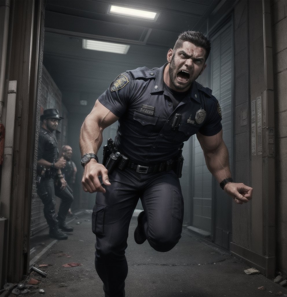 in the chaos  police station, a full bloody body of burly muscular zombie mutant young Hispanic LAPD policeman, in black LAPD short sleeved uniform, and wearing a watch, with white eyes, then scream loudly raged and angry, unsteady running, potrait, 