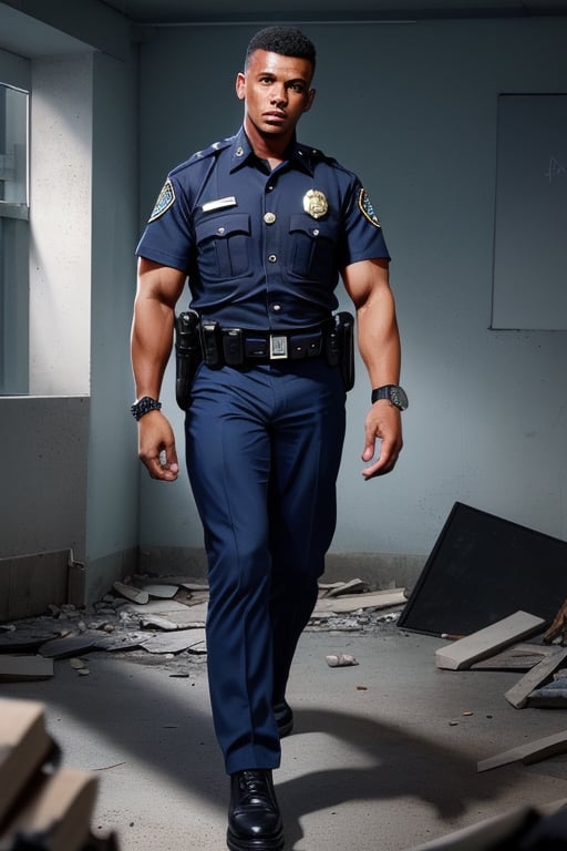 destroyed and messed up guard office, burly muscular black african LAPD policemen in ultra dark blue short sleeved uniform, ultra dark blue trousers, and wearing a watch walking unsteady.   in ultra dark blue short sleeved uniform, ultra dark blue trousers, and wearing a watch, 
