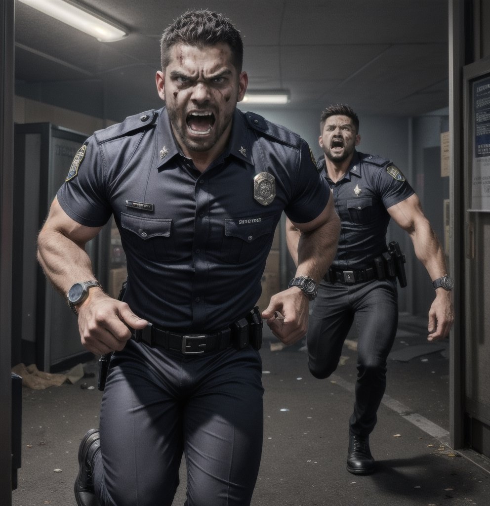 in the chaos  police station, a full bloody body of burly muscular zombie mutant young black Indonesian LAPD policeman, in black LAPD short sleeved uniform, and wearing a watch, with white eyes, then scream loudly raged and angry, unsteady running, potrait, 