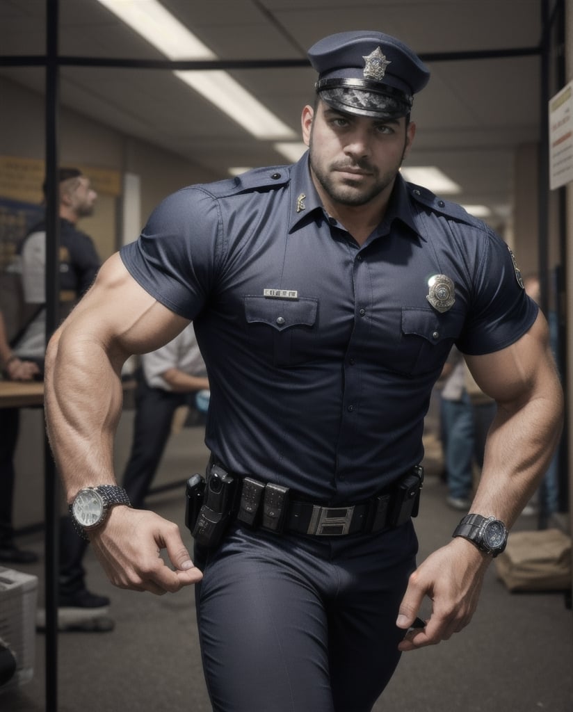 in the chaos  police station, a white eyes sexy burly muscular mutant young Hispanic LAPD policeman, in black LAPD short sleeved uniform, and wearing a watch on left hand, , running unsteady