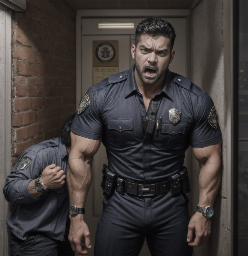 in the chaos  police station, two body of burly muscular mutant young Hispanic LAPD policeman, in black LAPD short sleeved uniform, and wearing a watch, with white eyes, found deaad lied and sat diown at the corner with scream loudly raged and angry, then one of them bite the neck's other