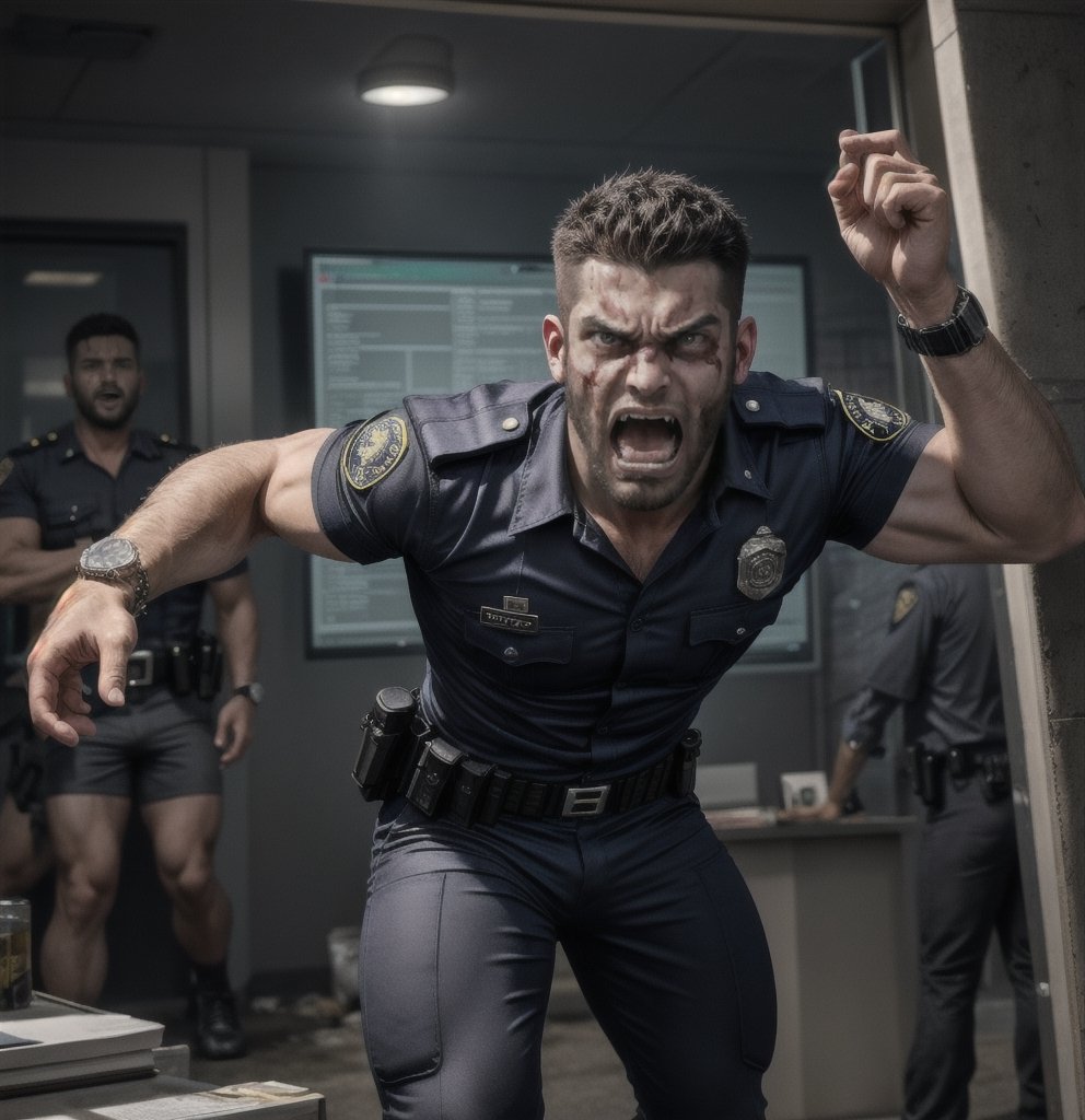 in the chaos  police station, a full bloody body of burly muscular zombie mutant young Arabian LAPD policeman, in black LAPD short sleeved uniform, and wearing a watch, with white eyes, then scream loudly raged and angry, unsteady running, potrait, 