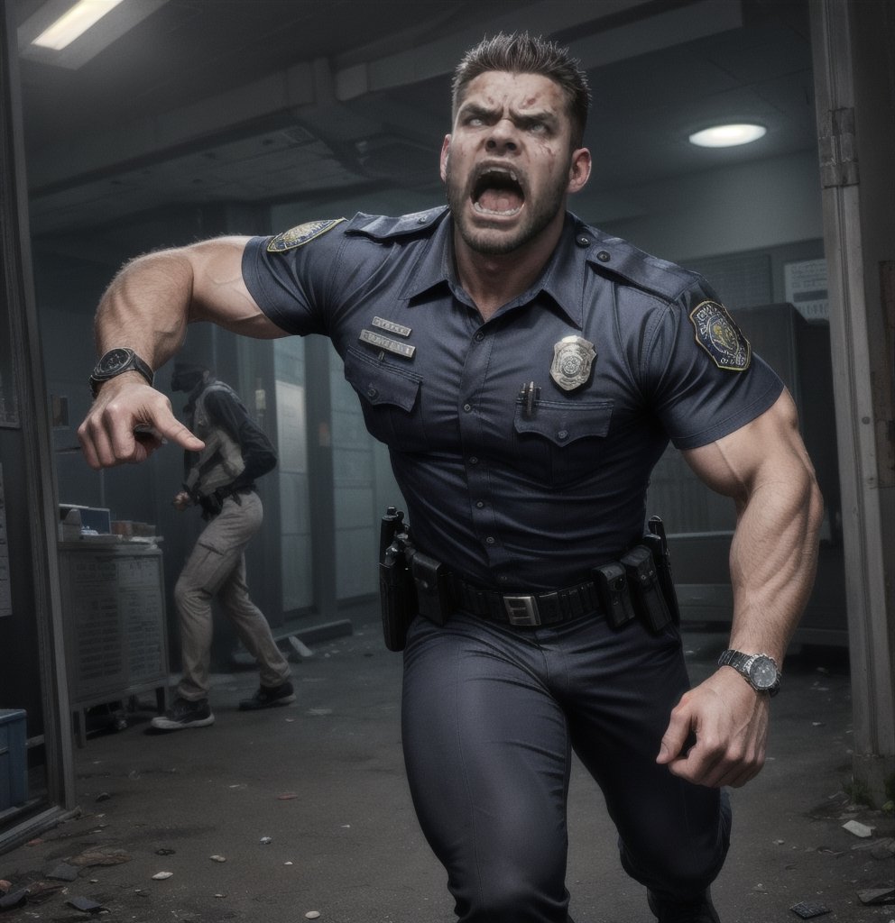 in the chaos  police station, a full bloody body of burly muscular zombie mutant young LAPD policeman, in black LAPD short sleeved uniform, and wearing a watch, with white eyes, then scream loudly raged and angry, unsteady running, potrait, 