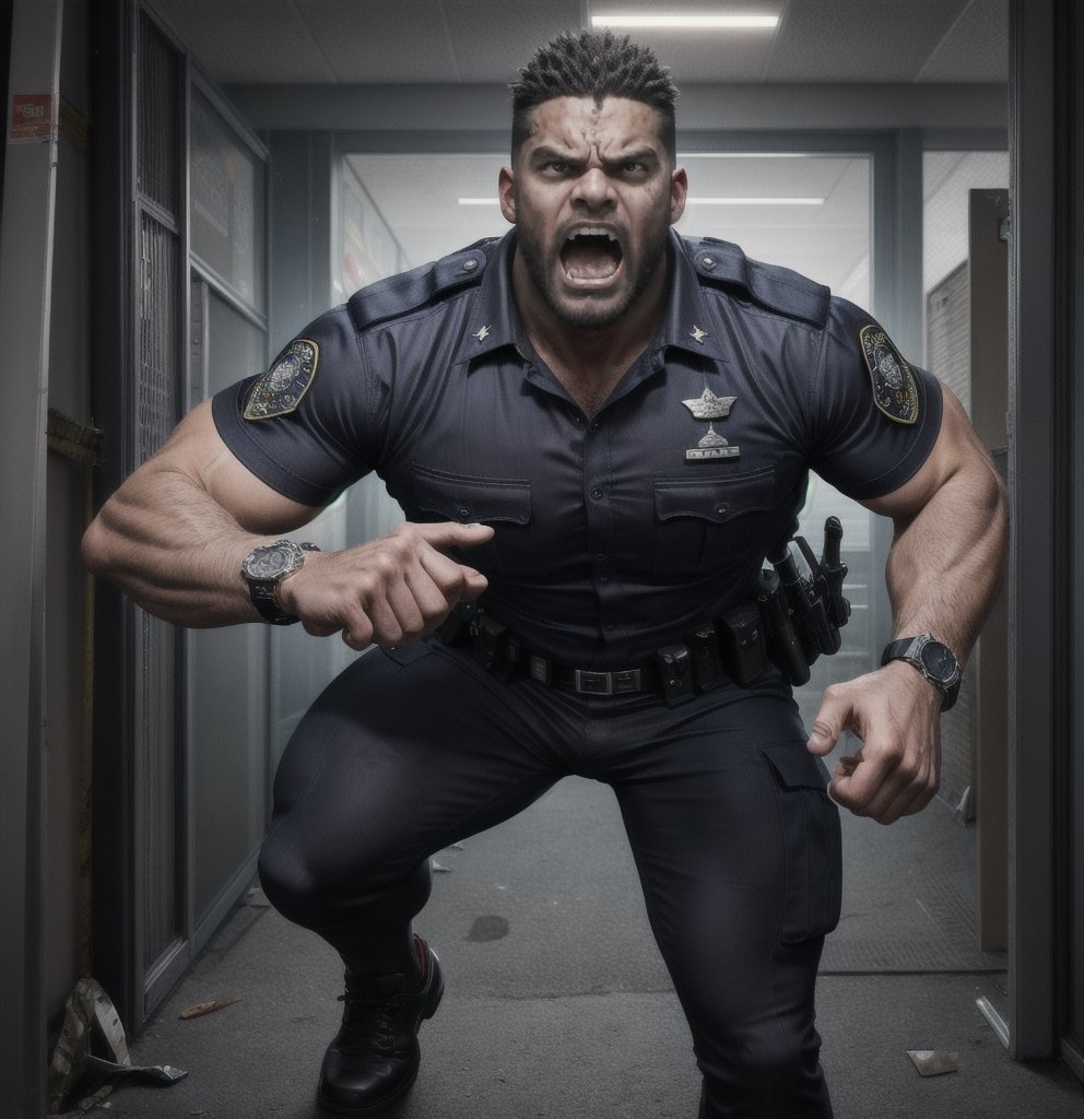 in the chaos  police station, a full bloody body of burly muscular zombie mutant young african LAPD policeman, in black LAPD short sleeved uniform, and wearing a watch, with white eyes, then scream loudly raged and angry, unsteady running, potrait, 