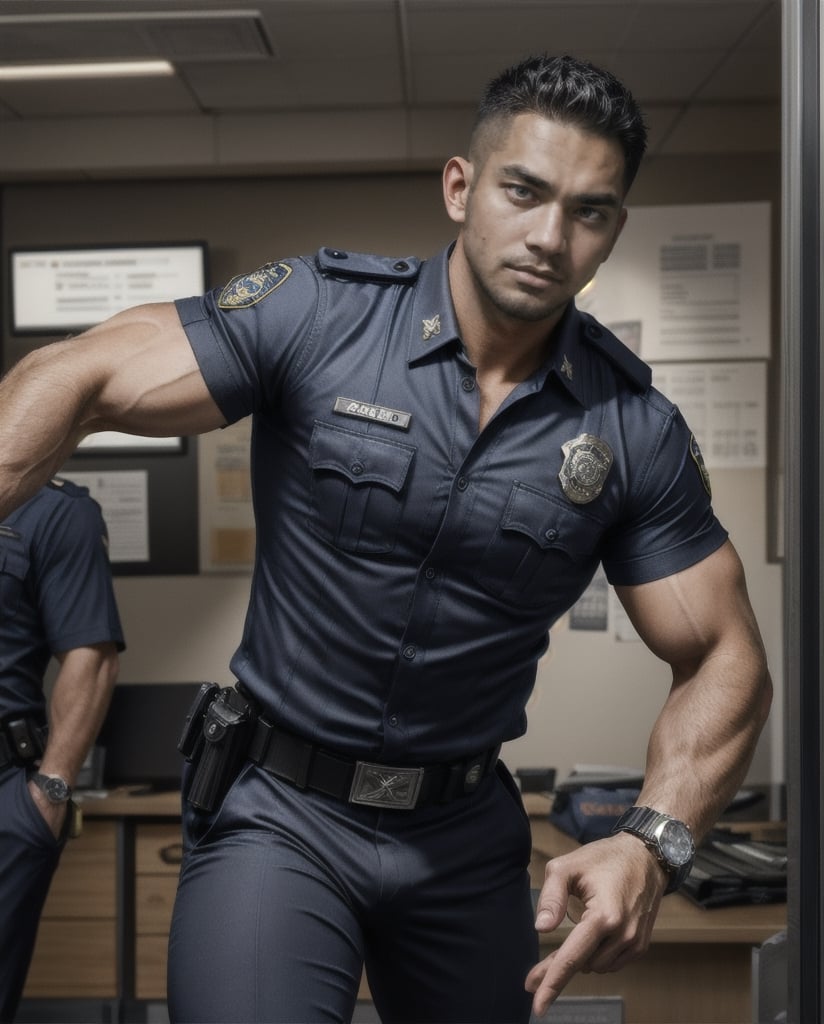 in the chaos  police station, a white eyes sexy burly muscular mutant young Indonesian LAPD policeman, in black LAPD short sleeved uniform, and wearing a watch on left hand, , running unsteady