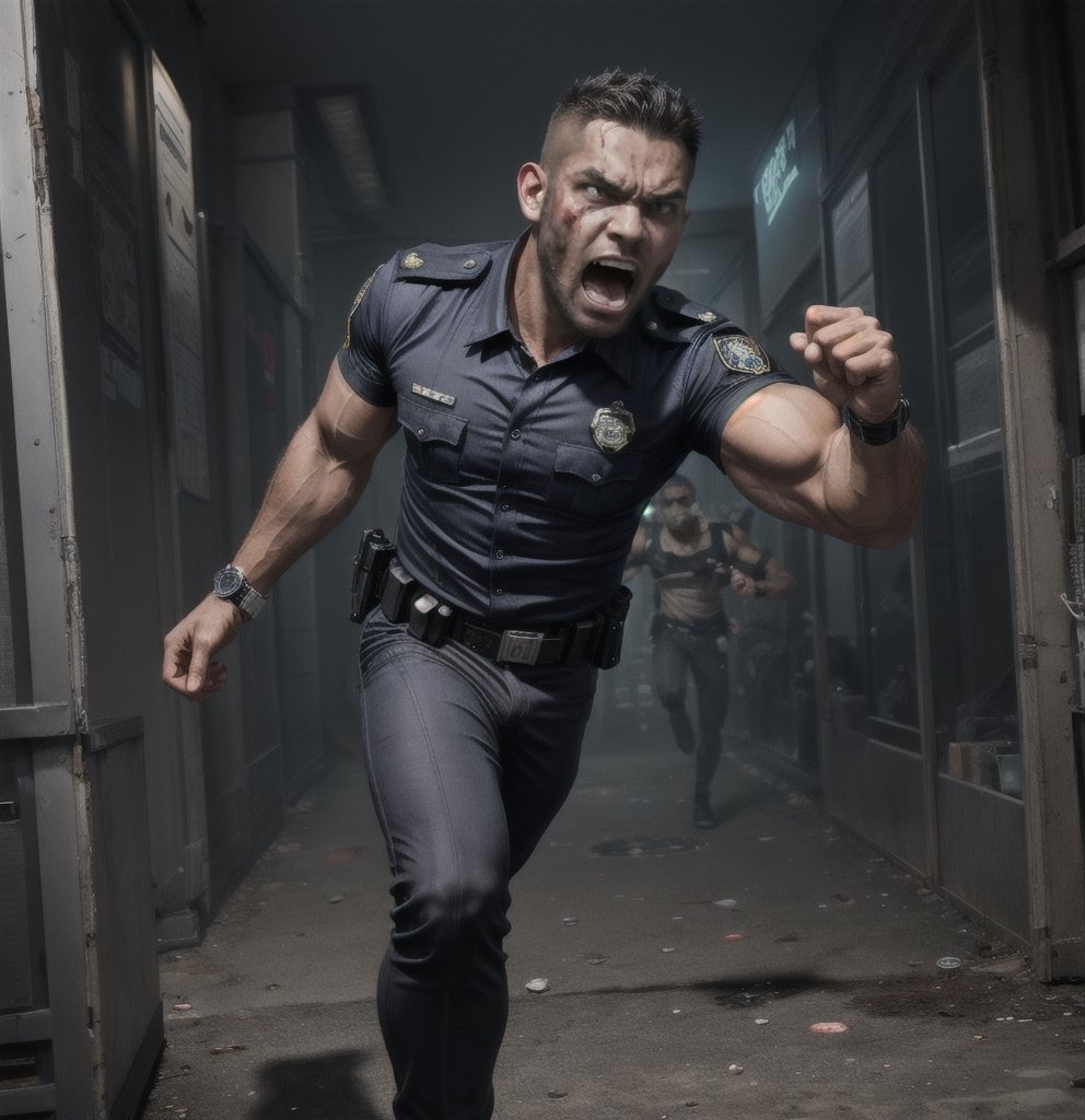 in the chaos  police station, a full bloody body of burly muscular zombie mutant young indonesian LAPD policeman, in black LAPD short sleeved uniform, and wearing a watch, with white eyes, then scream loudly raged and angry, unsteady running, potrait, 