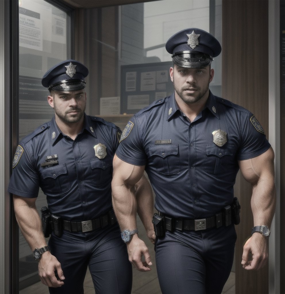 in the chaos guard room police station, two burly muscular young LAPD policemen, in black LAPD short sleeved uniform, and wearing a watch with white eyes, raged and angry, then unsteady running ,, potrait, 