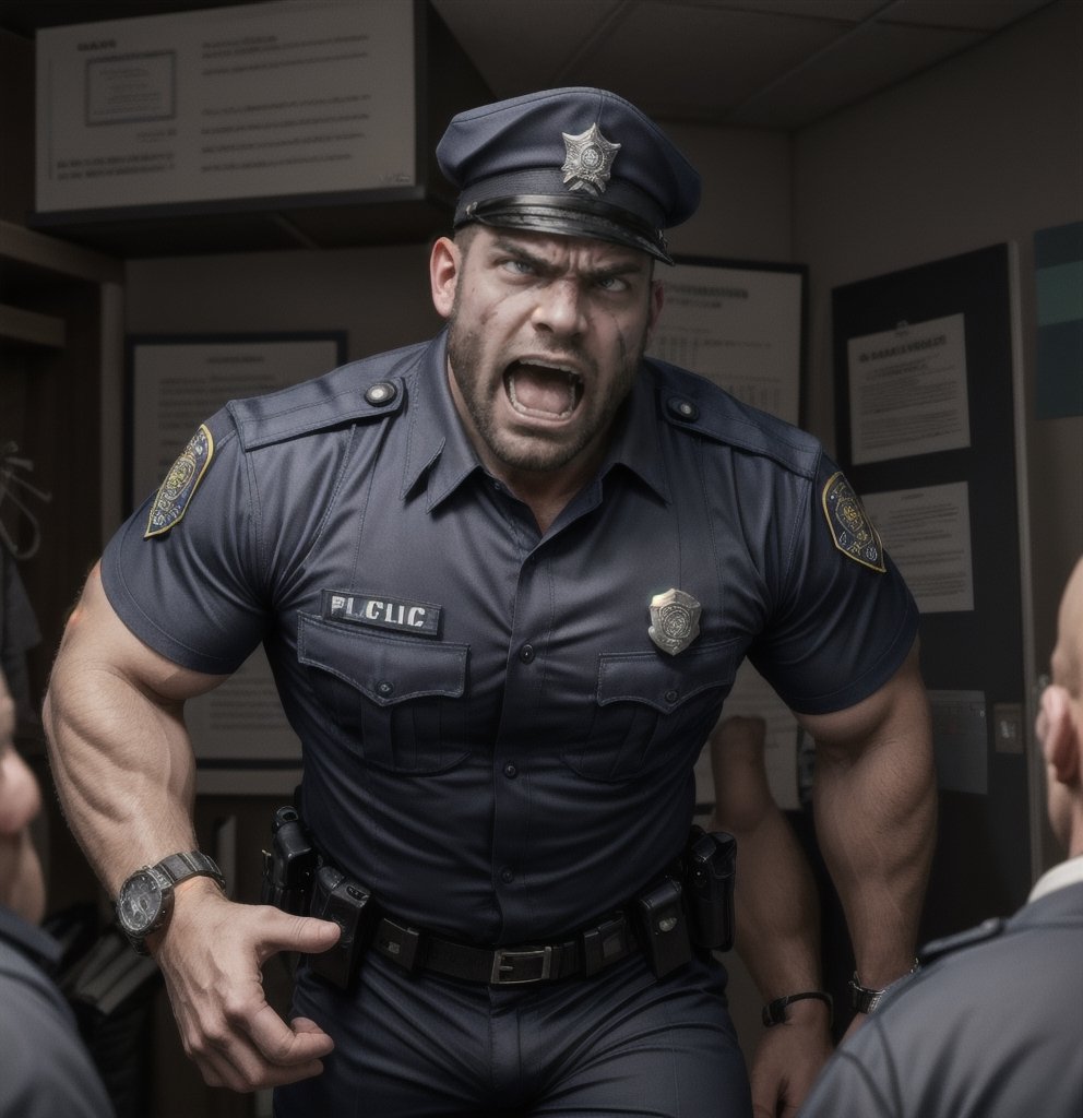 in the chaos guard room police station, a full bloody body of burly muscular zombie mutant young LAPD policeman, in black LAPD short sleeved uniform, and wearing a watch, with white eyes, then scream loudly raged and angry, unsteady running, potrait, 