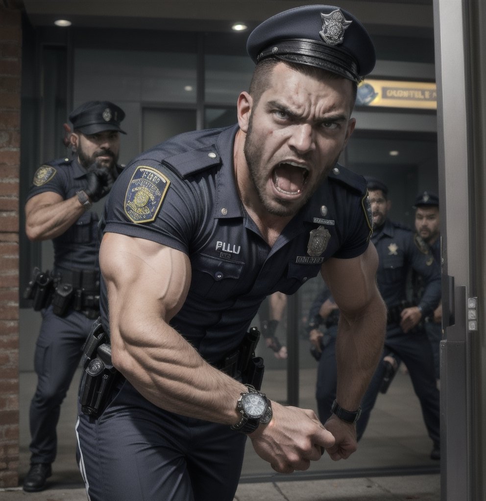 in the chaos  police station, a full bloody body of burly muscular zombie mutant young Arabian LAPD policeman, in black LAPD short sleeved uniform, and wearing a watch, with white eyes, then scream loudly raged and angry, unsteady running, potrait, 