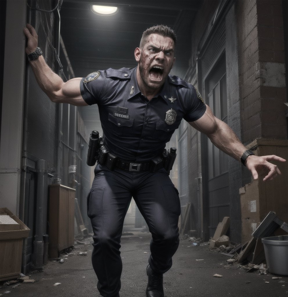 in the chaos  police station, a full bloody body of burly muscular zombie mutant young black Arabian LAPD policeman, in black LAPD short sleeved uniform, and wearing a watch, with white eyes, then scream loudly raged and angry, unsteady running, potrait, 