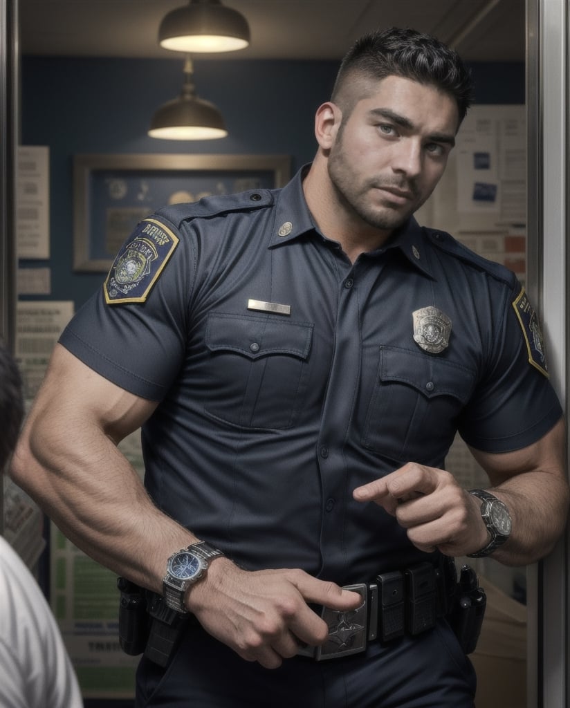 in the chaos  police station, a dead body of burly muscular mutant young Hispanic LAPD policeman, in black LAPD short sleeved uniform, and wearing a watch on left hand, with white eyes, running unsteady