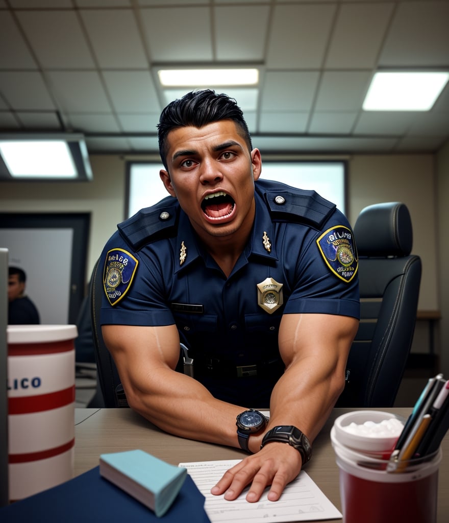 An abandoned police station, a muscular zombified LAPD male officer young Ronaldo
A low angle professional photo of messy duty room. There are many burly handsome Indonesian LAPD Policemen in navy summer uniform and a watch transform be a zombiie with Whiten eyes, raged, screaming out with a sliime foam from his mouth. Caused by sudden cardiac arrest. They're so weak on their working desk with head leaning on the back seat
handsome male,Portrait,
