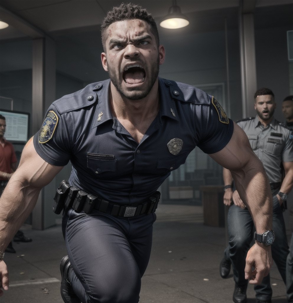 in the chaos  police station, a full bloody body of burly muscular zombie mutant young african LAPD policeman, in black LAPD short sleeved uniform, and wearing a watch, with white eyes, then scream loudly raged and angry, unsteady running, potrait, 