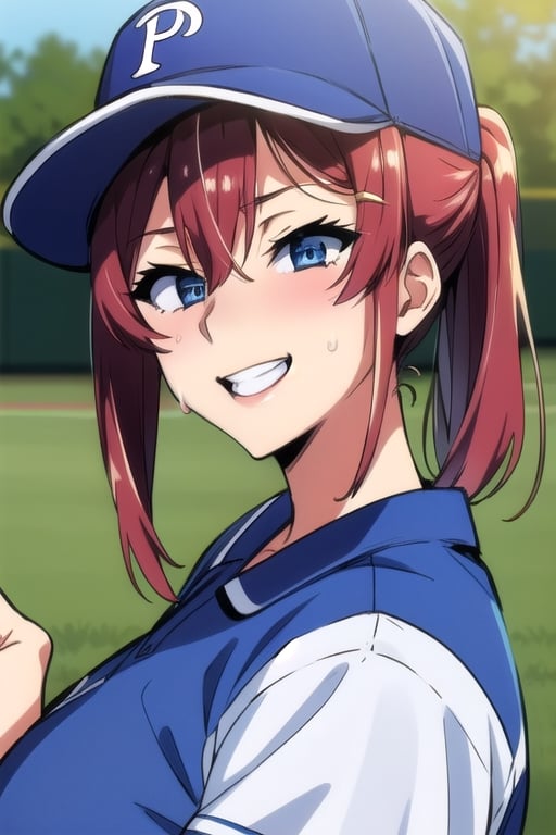 (best quality,8K,masterpieces,perfect)blue eyes,side pony_tail,blond_hair ,baseball clothing,takeda hiromitsu style,bitch style,happy smile,sweating,aheago,baseball_hat,laughing