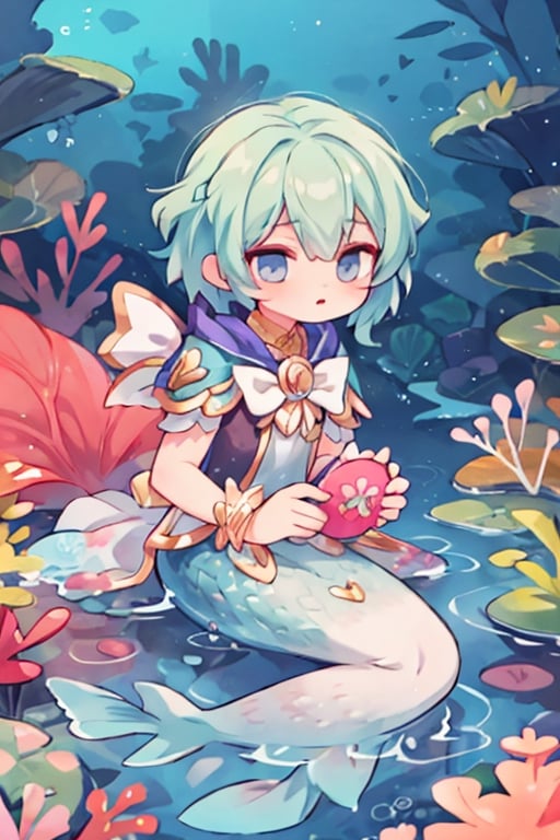 midjourney, masterpiece, best quality, extremely detailed face, perfect lighting, best quality, pastel, mermaid boy