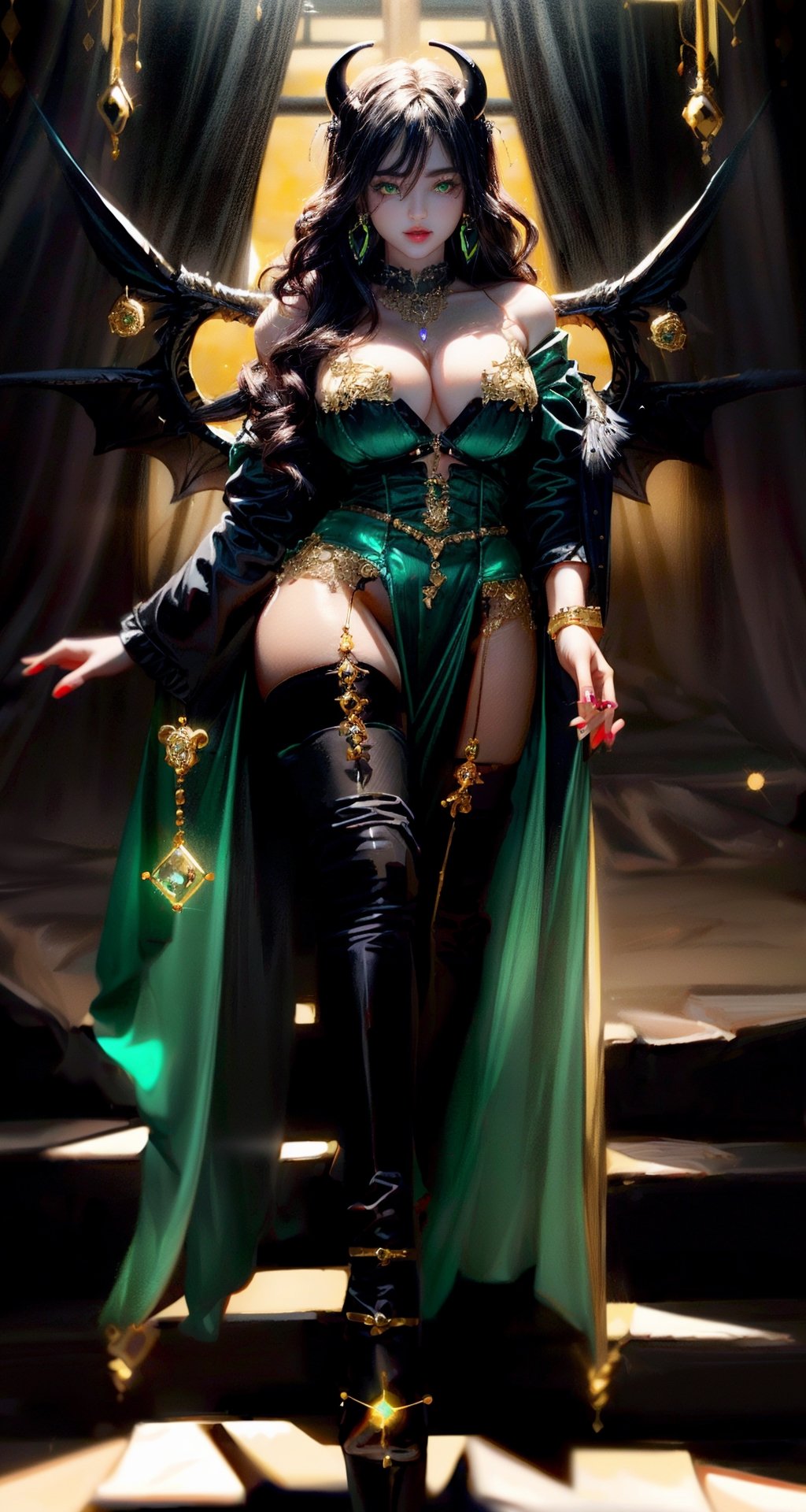 (best quality:1.4), high resolution, 8k, realistic, sharp focus, black haired demon girl, wavy hair, medium length hair, (black green and gold sexy lingerie:1.4), bright green eyes, shiny skin, blurry light background, EpicSky,1 girl, beautiful american girl, (pair of large black devil's wings from shoulders:1.4), full body, devil_horns, jewelry, (dangling_jeweled_earrings_with_gems:1.4), (dangling_jeweled_naval_piercing_with_gems:1.4), seductive_smile, happy,(anne hathaway:0.6),(sandra bullock:0.7), (walking:1.2) ,large_breasts, swept_bangs, thigh_high_stockings, knee_high_boots, SEE THROUGH, Sexy_attire, (sheer black open robe:1.4),sexy lingerie