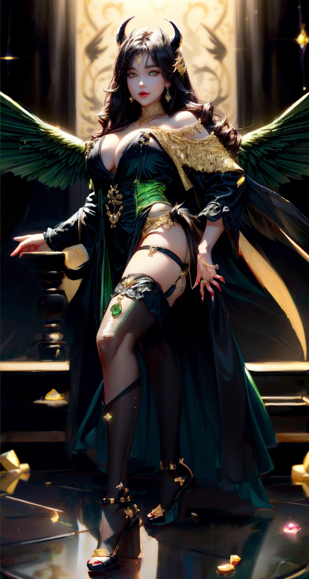 (best quality:1.4), high resolution, 8k, realistic, sharp focus, black haired demon girl, wavy hair, medium length hair, (black green and gold sexy lingerie:1.4), bright green eyes, shiny skin, blurry light background, EpicSky,1 girl, beautiful american girl, (pair of large black devil's wings from shoulders:1.4), full body, devil_horns, jewelry, (dangling_jeweled_earrings_with_gems:1.4), (dangling_jeweled_naval_piercing_with_gems:1.4), seductive_smile, happy,(anne hathaway:0.6),(sandra bullock:0.7), (walking:1.2) ,large_breasts, swept_bangs, thigh_high_stockings, knee_high_boots, SEE THROUGH, Sexy_attire, (sheer black open robe:1.4),sexy lingerie